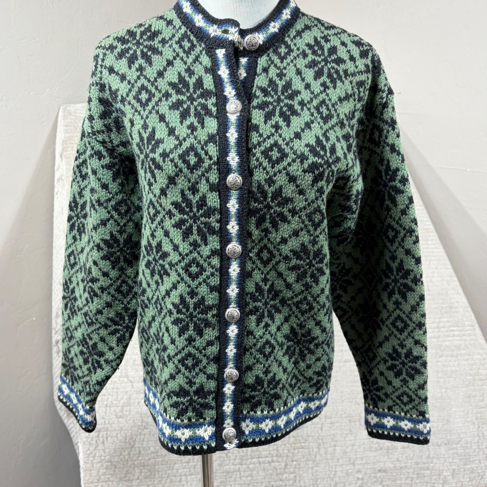 L.L. Bean Vintage Norwegian Wool Cardigan Sweater Green Fair Isle ORW23 Small